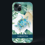Sea Turtle Beachy Custom Phone Case<br><div class="desc">This custom phone case features a watercolor sea turtle,  shoreline and tropical monstera palm leaves. Personalize with your name in white over a navy blue background. Artwork and design by Victoria Grigaliunas. To see more sea life and beachy phone cases like this visit www.zazzle.com/dotellabelle</div>
