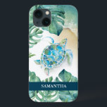 Sea Turtle Beachy Custom Phone Case<br><div class="desc">This custom phone case features a watercolor sea turtle,  shoreline and tropical monstera palm leaves. Personalize with your name in white over a navy blue background. Artwork and design by Victoria Grigaliunas. To see more sea life and beachy phone cases like this visit www.zazzle.com/dotellabelle</div>