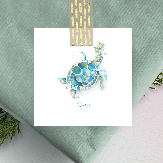 Sea Turtle Beachy Mini Christmas Note Card (Sea turtle Christmas note cards  watercolor art by Victoria Grigaliunas)
