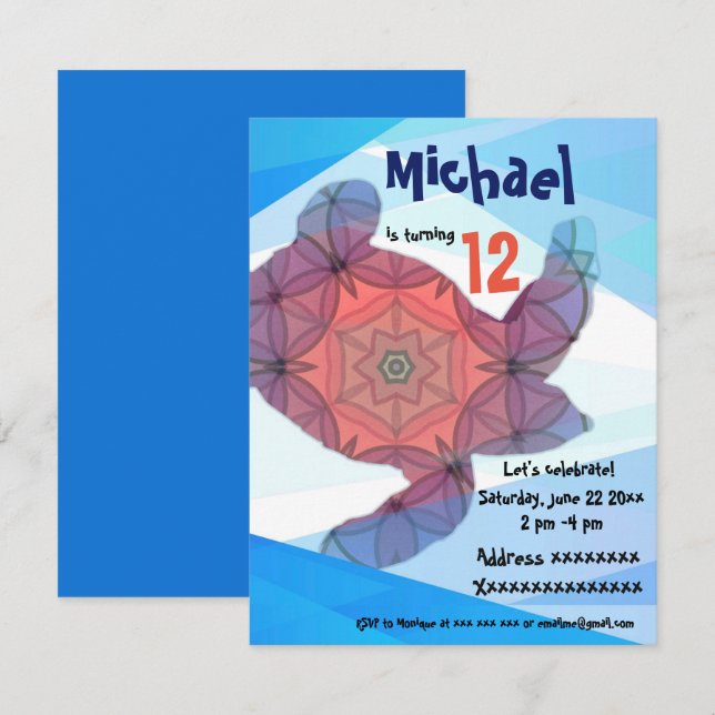 Sea turtle, birthday party invitation (Front/Back)