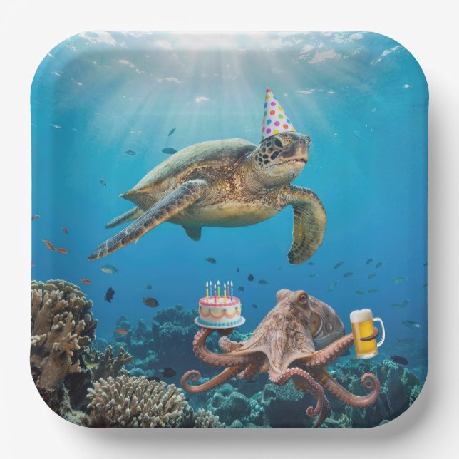 Sea Turtle Birthday Party with Octopus Paper Plates (Front)