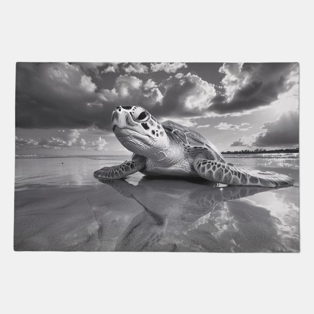 Sea Turtle Black and White Art Doormat (Front)