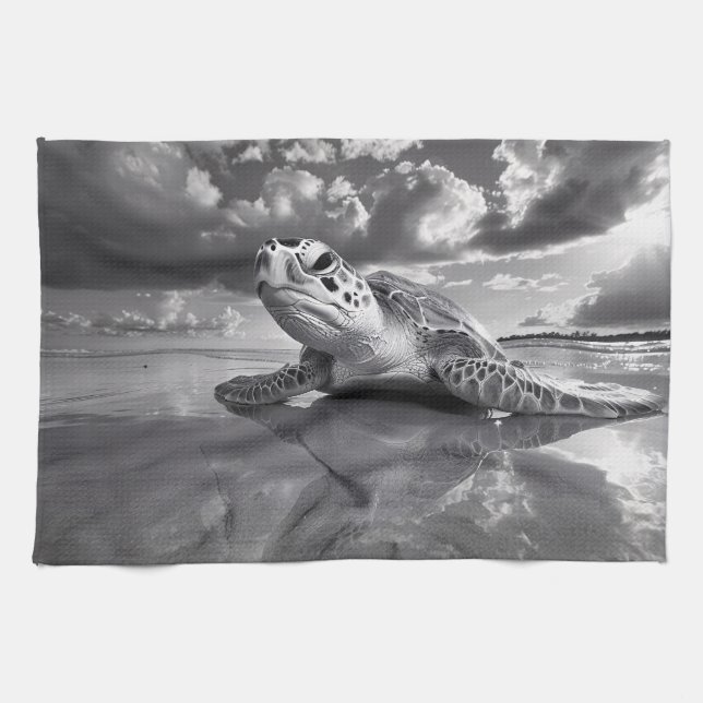Sea Turtle Black and White Art Kitchen Towel (Horizontal)