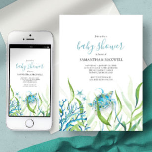 Sea Turtle Blue and Green Baby Shower Invitation
