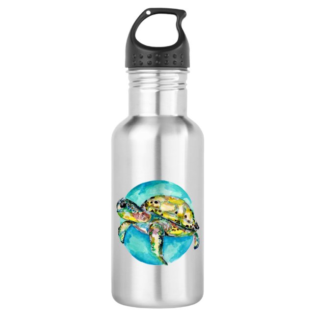 Sea Turtle Blue Circle Watercolor Stainless Steel Water Bottle (Front)