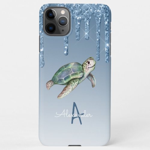 Sea Turtle Blue Glitter Personalized Budget Named iPhone 11Pro Max Case