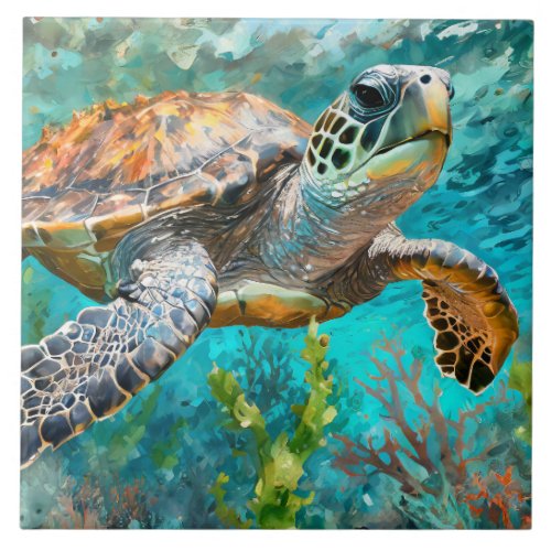 Sea Turtle Blue Green Seaweed and Coral Ceramic Tile