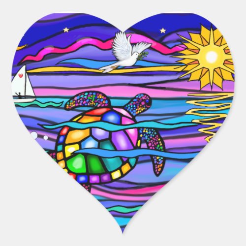 Sea Turtle blue  pink Heart Sticker