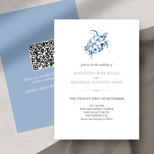 Sea Turtle Blue Wedding Invitation with QR Code