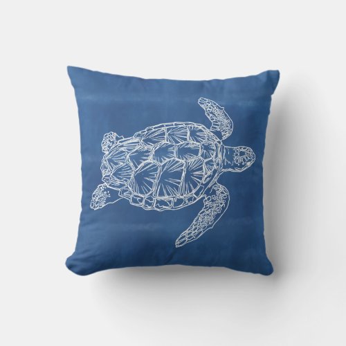 Sea Turtle Blue White Outdoor Pillow