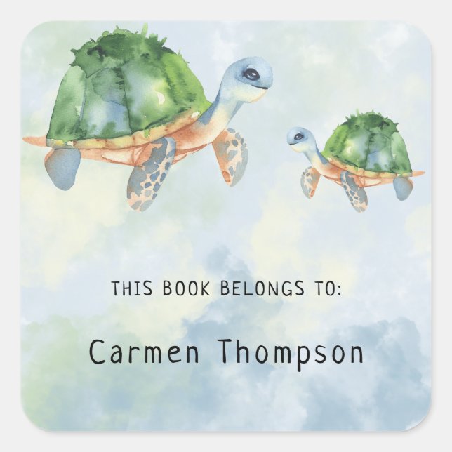 Sea Turtle - bookplate, books for baby Square Sticker (Front)