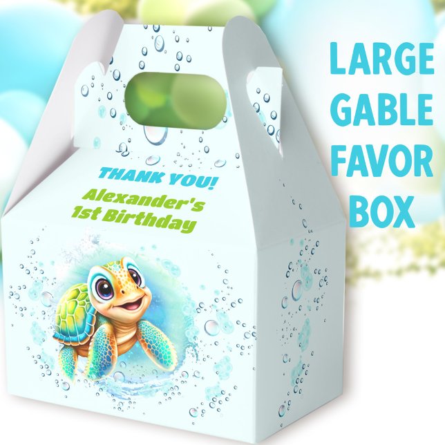 Sea Turtle Boy Pool Party Birthday Large Gable Favor Boxes (Cute Turtle Large Gable Favor Boxes - You can choose from 3 sizes of these gable favor boxes)