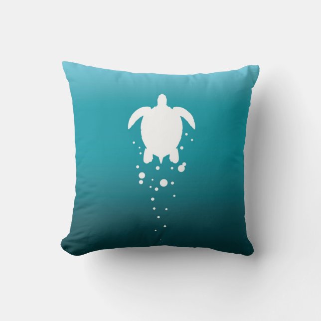 Sea Turtle & Bubbles Against Blue-Green Ocean Throw Pillow (Front)