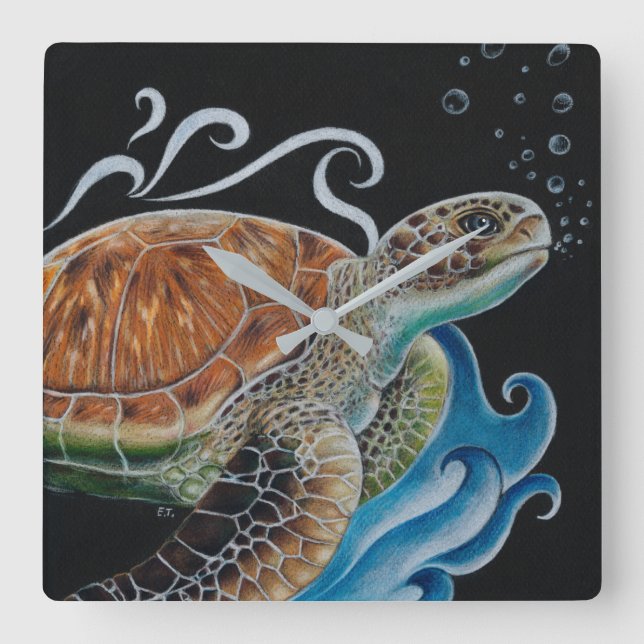 Sea Turtle Bubbles Wave Art Square Wall Clock (Front)