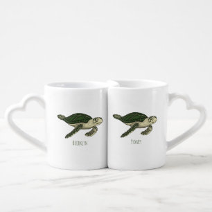 Sea turtle cartoon illustration  coffee mug set