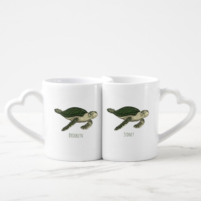 Sea turtle cartoon illustration  coffee mug set (Front Nesting)