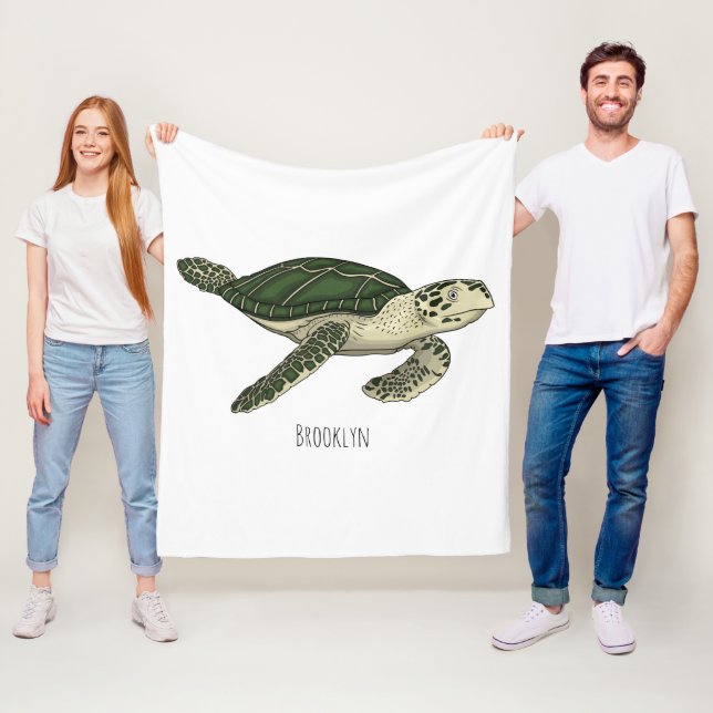 Sea turtle cartoon illustration fleece blanket (In Situ)