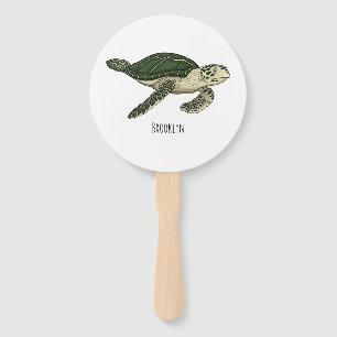 Sea turtle cartoon illustration hand fan