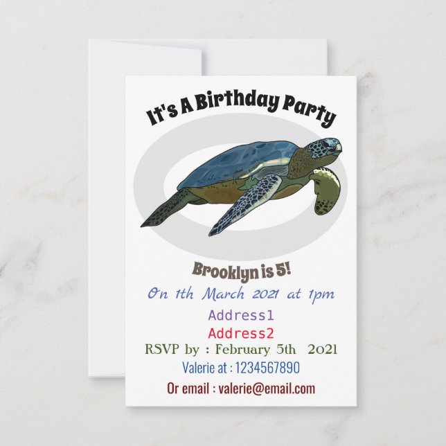 Sea turtle cartoon illustration invitation (Front)