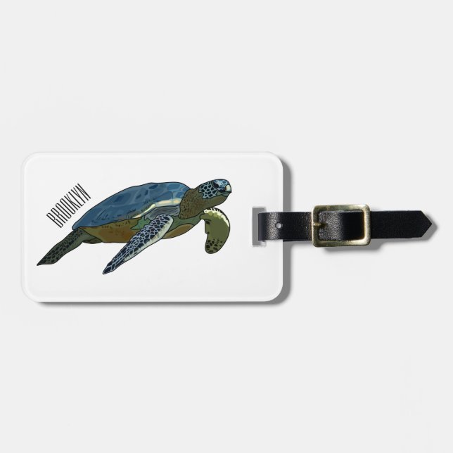 Sea turtle cartoon illustration luggage tag (Front Horizontal)