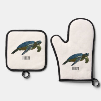 Sea turtle cartoon illustration oven mitt & pot holder set