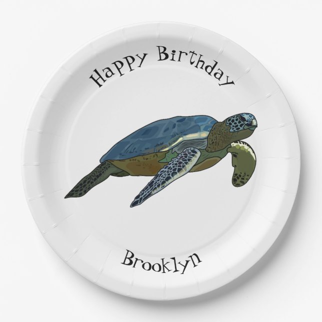 Sea turtle cartoon illustration paper plates (Front)