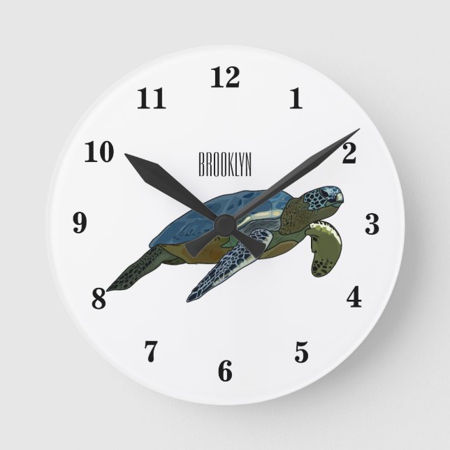 Sea turtle cartoon illustration round clock (Front)