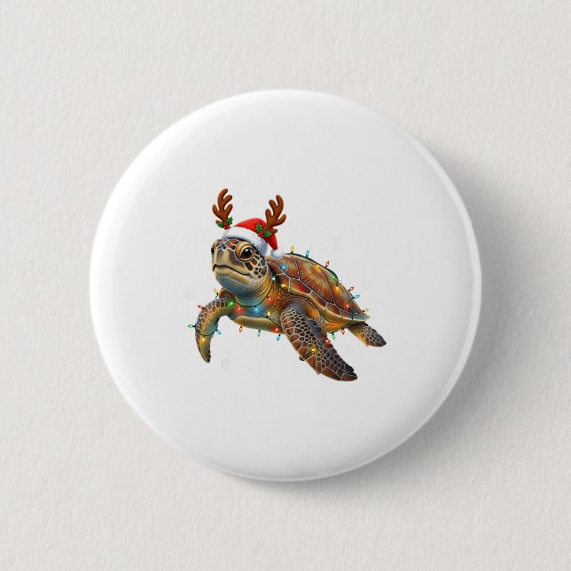 Sea Turtle Christmas Lights Funny Santa Hat Men Wo Button (Front)