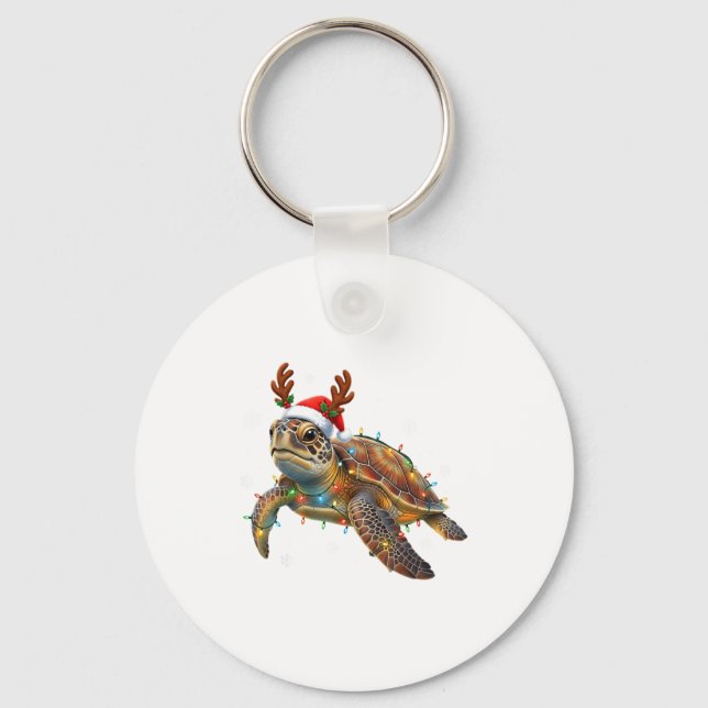 Sea Turtle Christmas Lights Funny Santa Hat Men Wo Keychain (Front)
