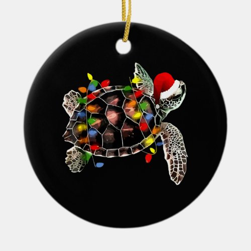 Sea Turtle Christmas Lights Funny Santa Hat Merry  Ceramic Ornament