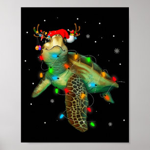 Sea Turtle Christmas Lights Funny Santa Hat Merry Poster