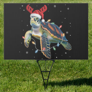Sea Turtle Christmas Lights Funny Santa Hat Merry Sign