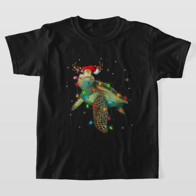 Sea Turtle Christmas Lights Funny Santa Hat Merry  T-Shirt (Laydown)