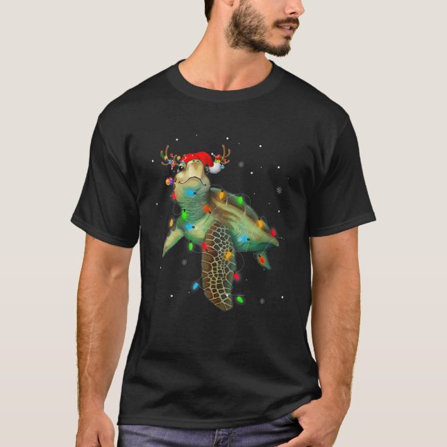 Sea Turtle Christmas Lights Funny Santa Hat Merry T-Shirt (Front)