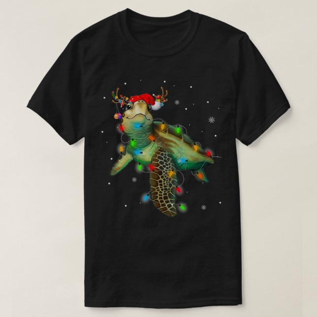 Sea Turtle Christmas Lights Funny Santa Hat Merry  T-Shirt (Design Front)