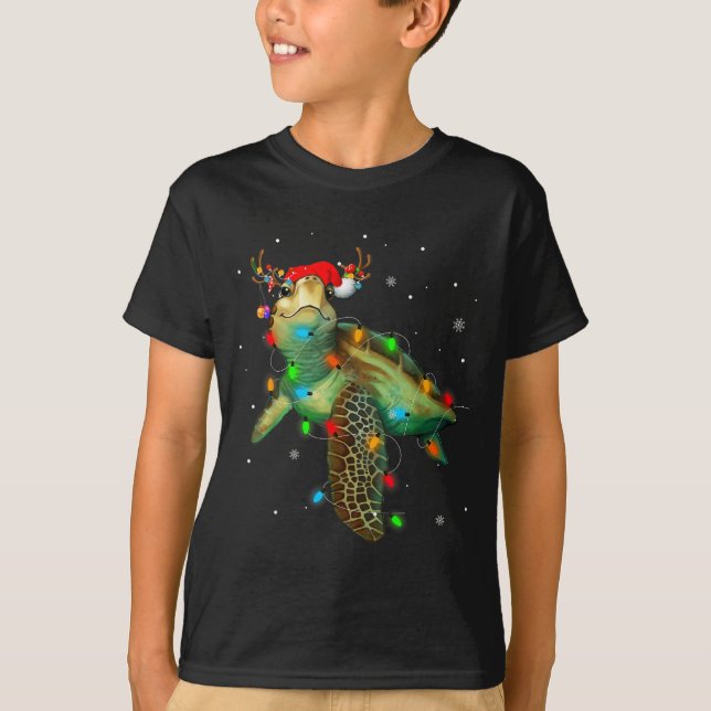 Sea Turtle Christmas Lights Funny Santa Hat Merry  T-Shirt (Front)