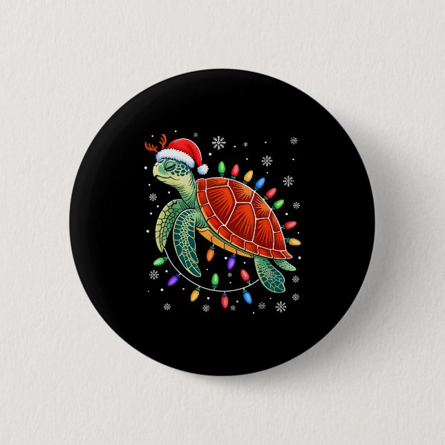 Sea Turtle Christmas Lights Santa Hat Funny Xmas P Button (Front)