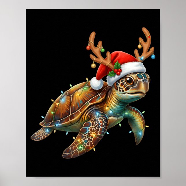 Sea Turtle Christmas Lights Santa Hat Merry Christ Poster (Front)