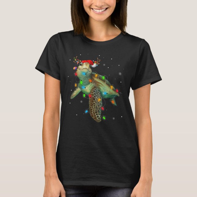 Sea Turtle Christmas Lights Santa Hat Merry Christ T-Shirt (Front)