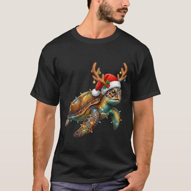 Sea Turtle Christmas Lights Santa Hat Merry Christ T-Shirt (Front)