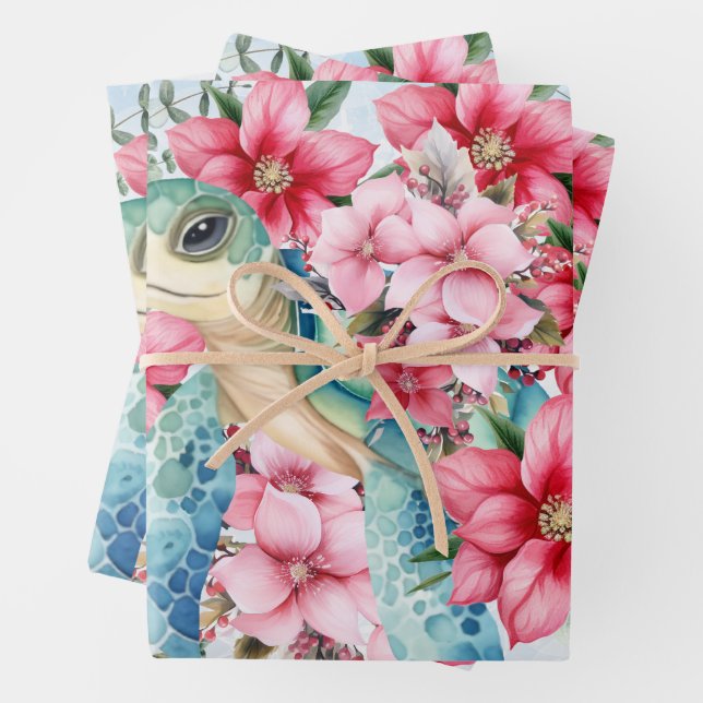 Sea Turtle & Christmas Poinsettias Wrapping Paper (In situ)