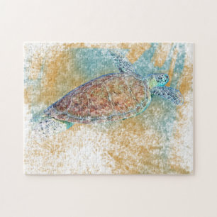 Sea Turtle Coastal Artwork Painted Beach Theme Jigsaw Puzzle