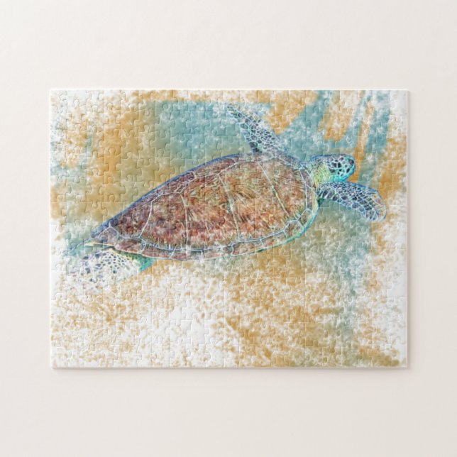 Sea Turtle Coastal Artwork Painted Beach Theme Jigsaw Puzzle (Horizontal)
