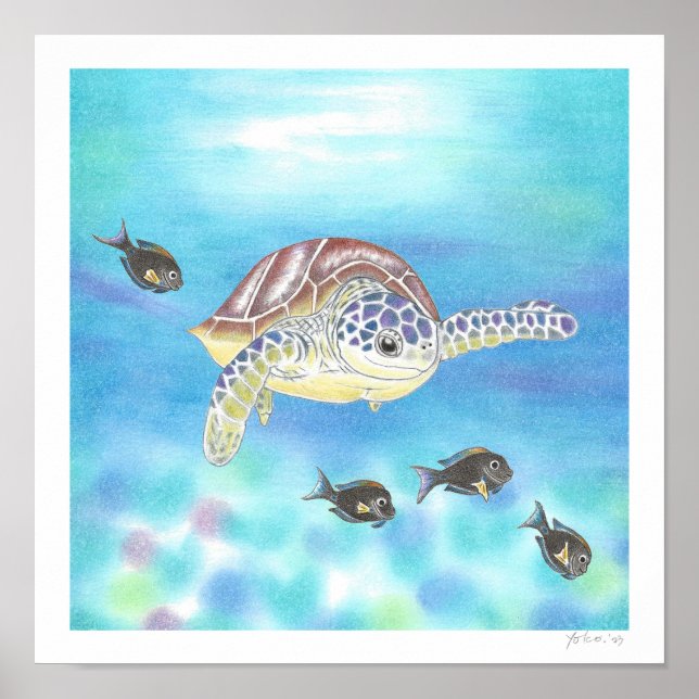 Sea Turtle Colored Pencil Drawing Art Print  (Front)