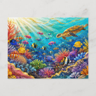 Sea Turtle Colorful Coral Reef & Tropical Fish Postcard