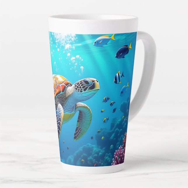 Sea Turtle Colorful Underwater Scene   Latte Mug (Right Angle)
