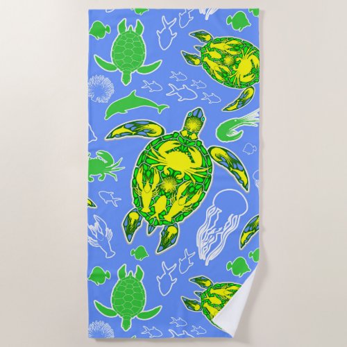 Sea Turtle Coral Reef Marine Life Symbol  Beach Towel