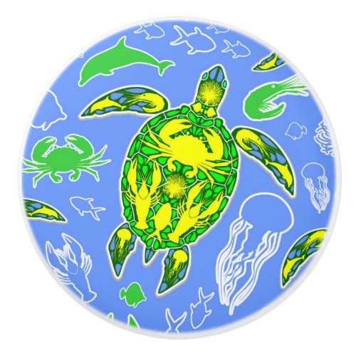 Sea Turtle Coral Reef Marine Life Symbol  Ceramic Knob