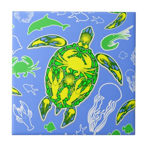 Sea Turtle Coral Reef Marine Life Symbol  Ceramic Tile