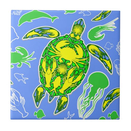 Sea Turtle Coral Reef Marine Life Symbol  Ceramic Tile